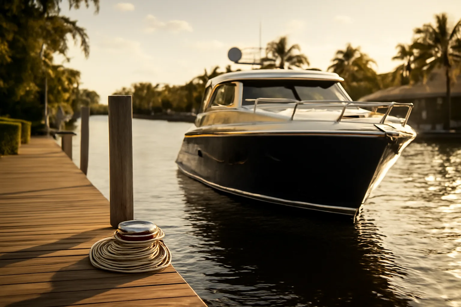 Dark-hulled motoryacht tied at a quiet Fort Lauderdale dock