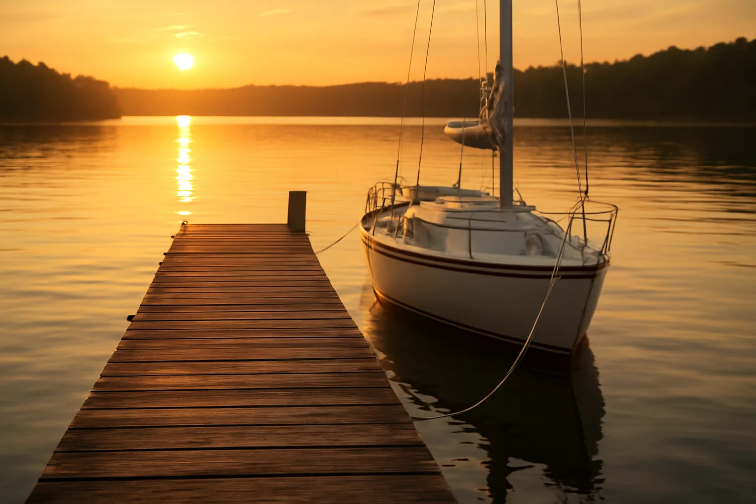 Sailboat moored at a Tennessee lake dock at golden hour