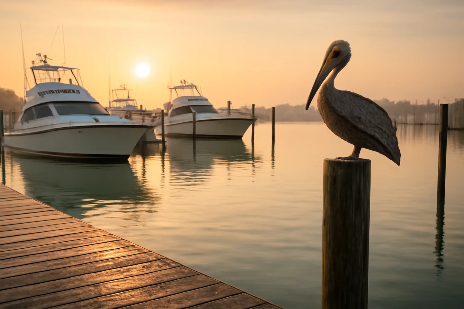 White motor yachts at an Alabama marina at sunrise