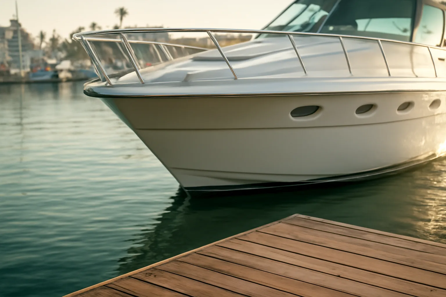 White yacht tied in a California marina slip at morning