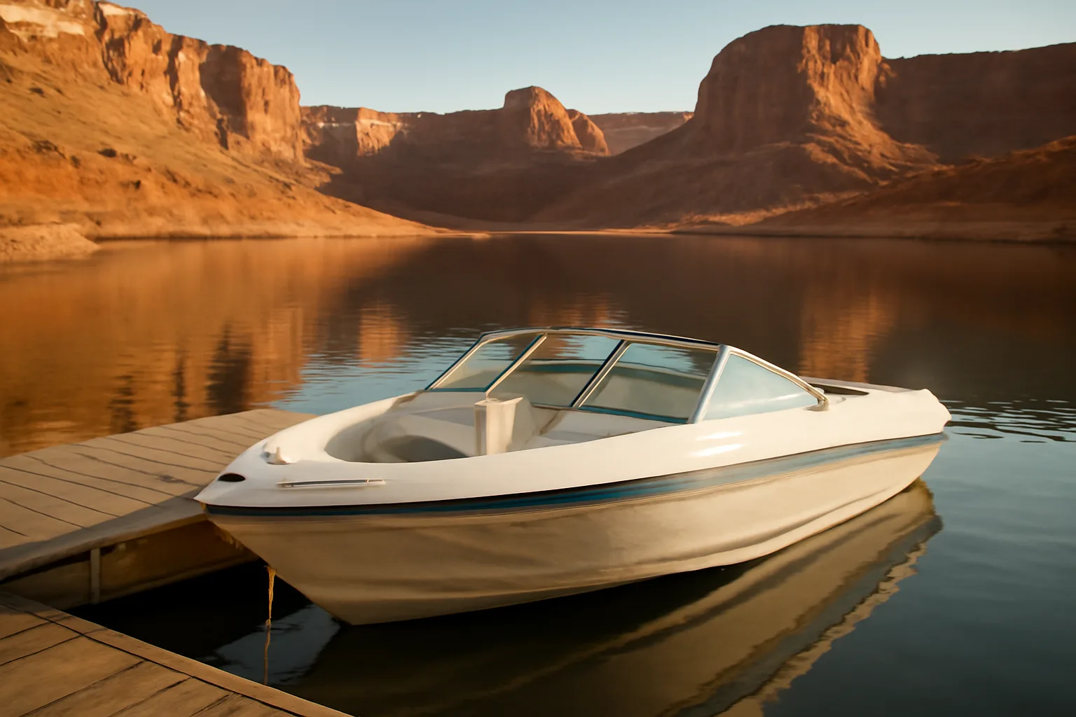 Ski boat docked at a Utah reservoir with red rock cliffs in background