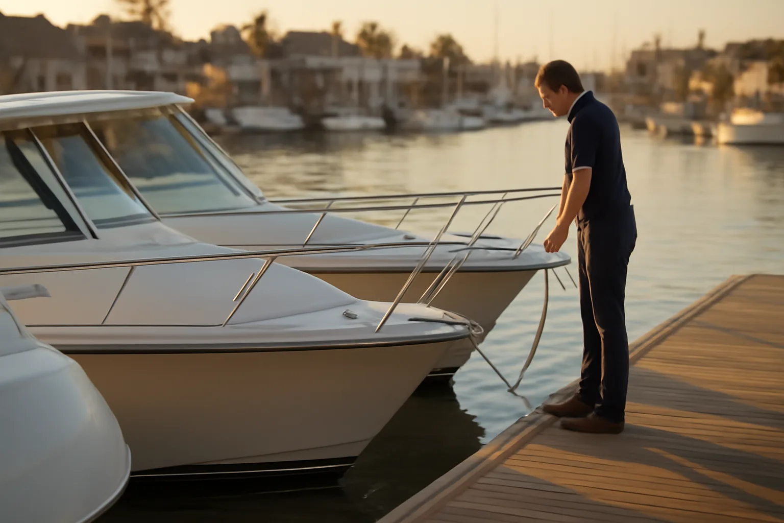 California yacht broker at a Newport Harbor dock at sunset