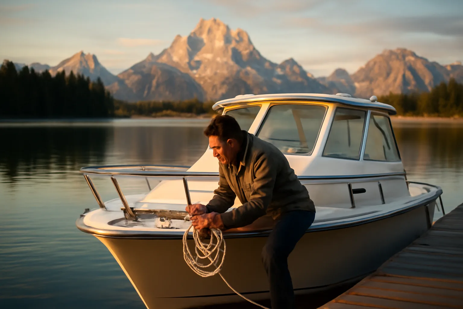 Yacht broker viewing a cruiser on Jackson Lake in Wyoming